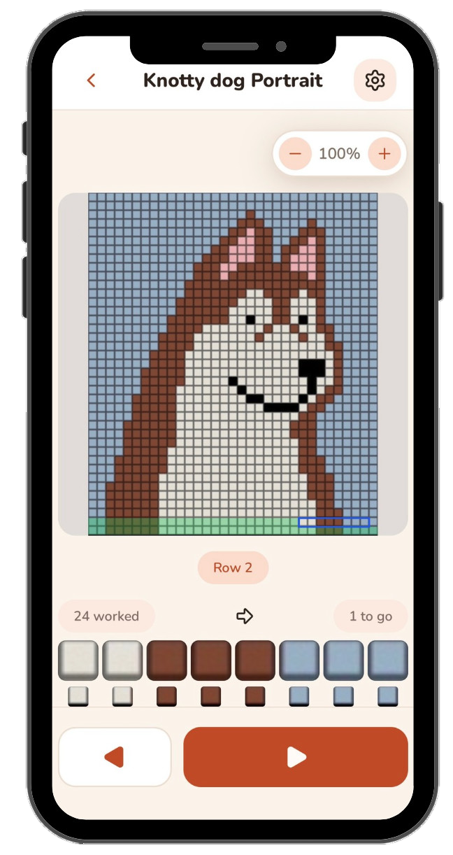 Knotty's knit mode, showing a dog portrait chart with the active row and stitch count